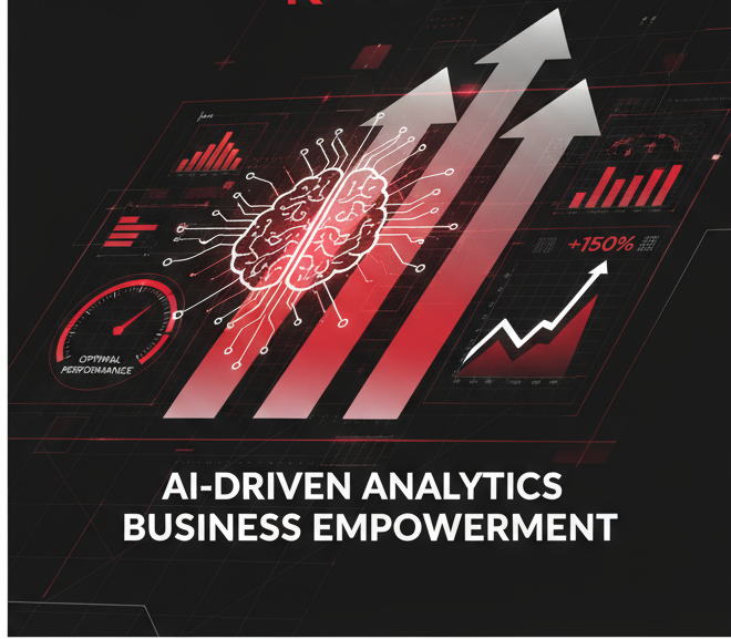 KaliNova AI mission - AI-driven analytics dashboard showing upward growth arrows, brain visualization, and +150% performance metrics representing data-driven marketing strategy