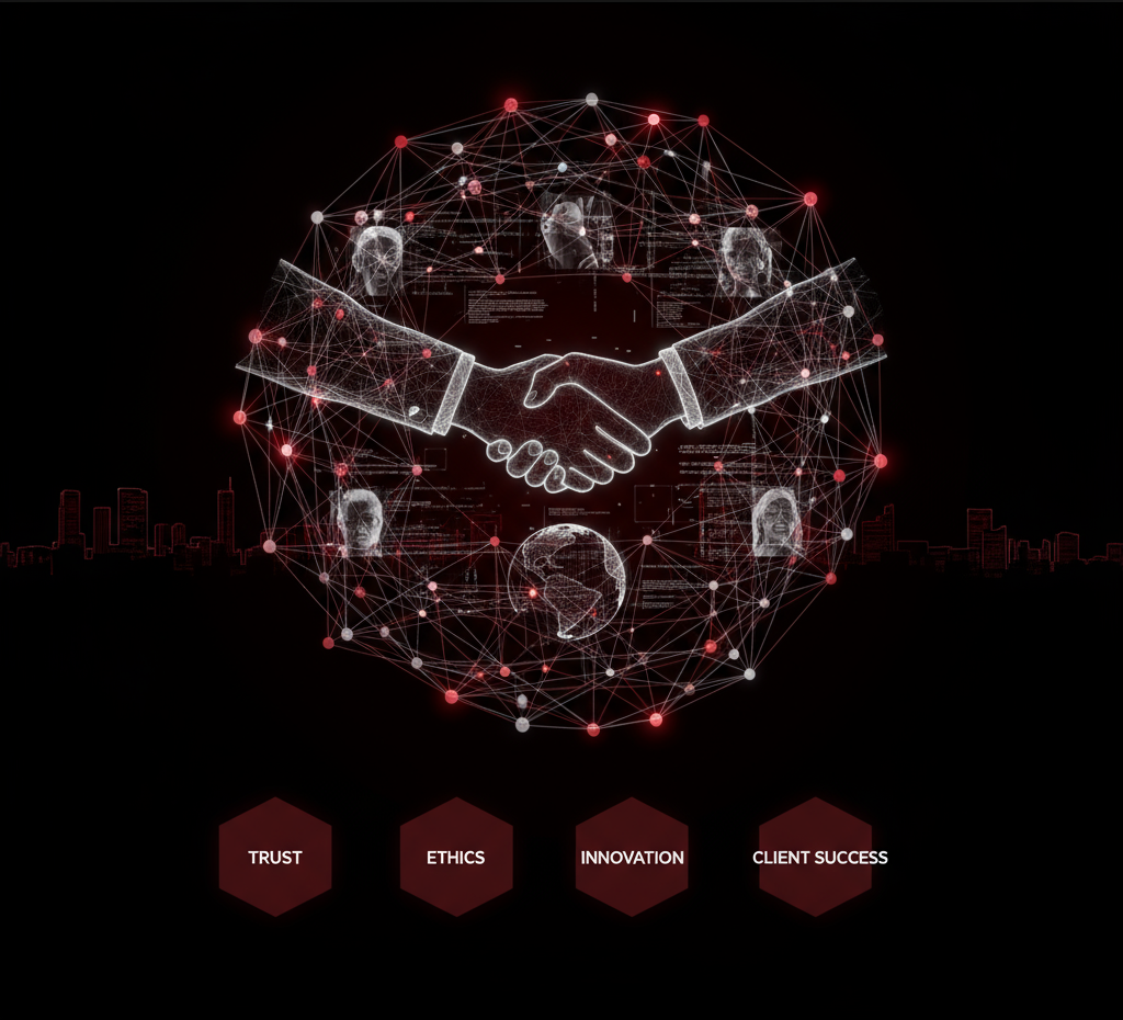 AI-powered digital marketing values - trust, ethics, innovation, and client success represented through connected network handshake illustration - KaliNova AI