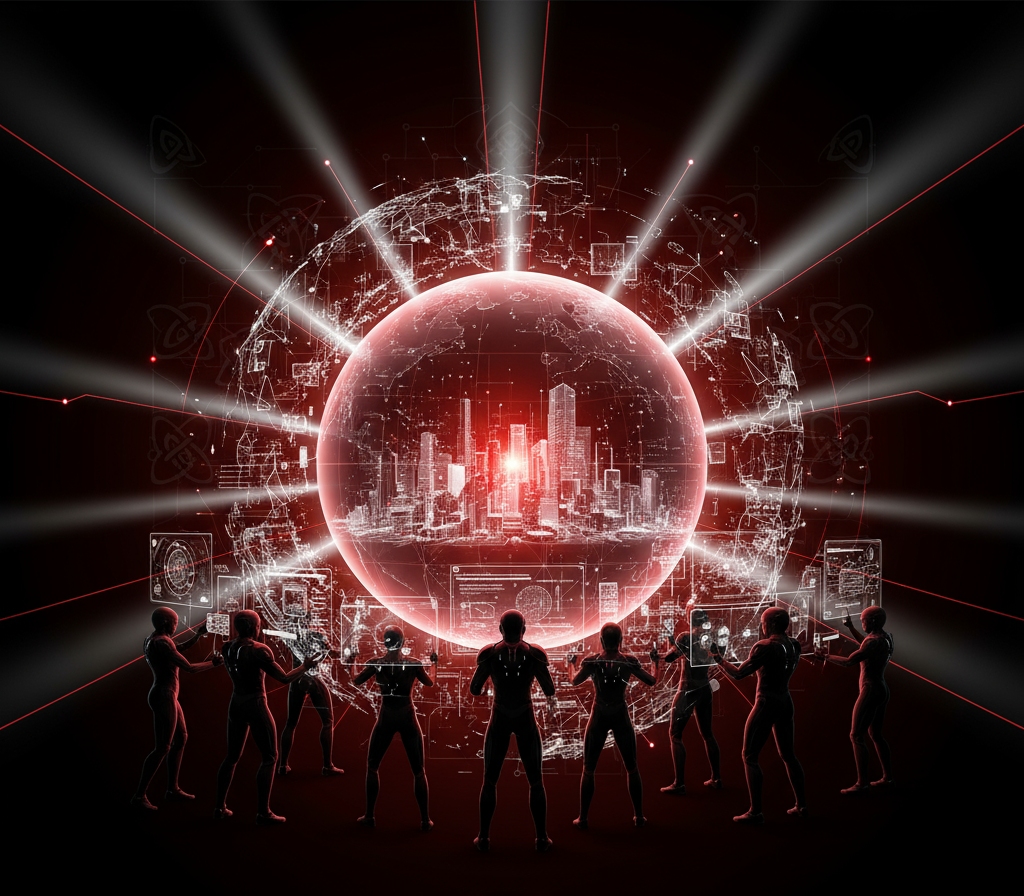 KaliNova AI vision illustration - team of professionals collaborating around a glowing digital globe representing trusted AI-powered marketing innovation